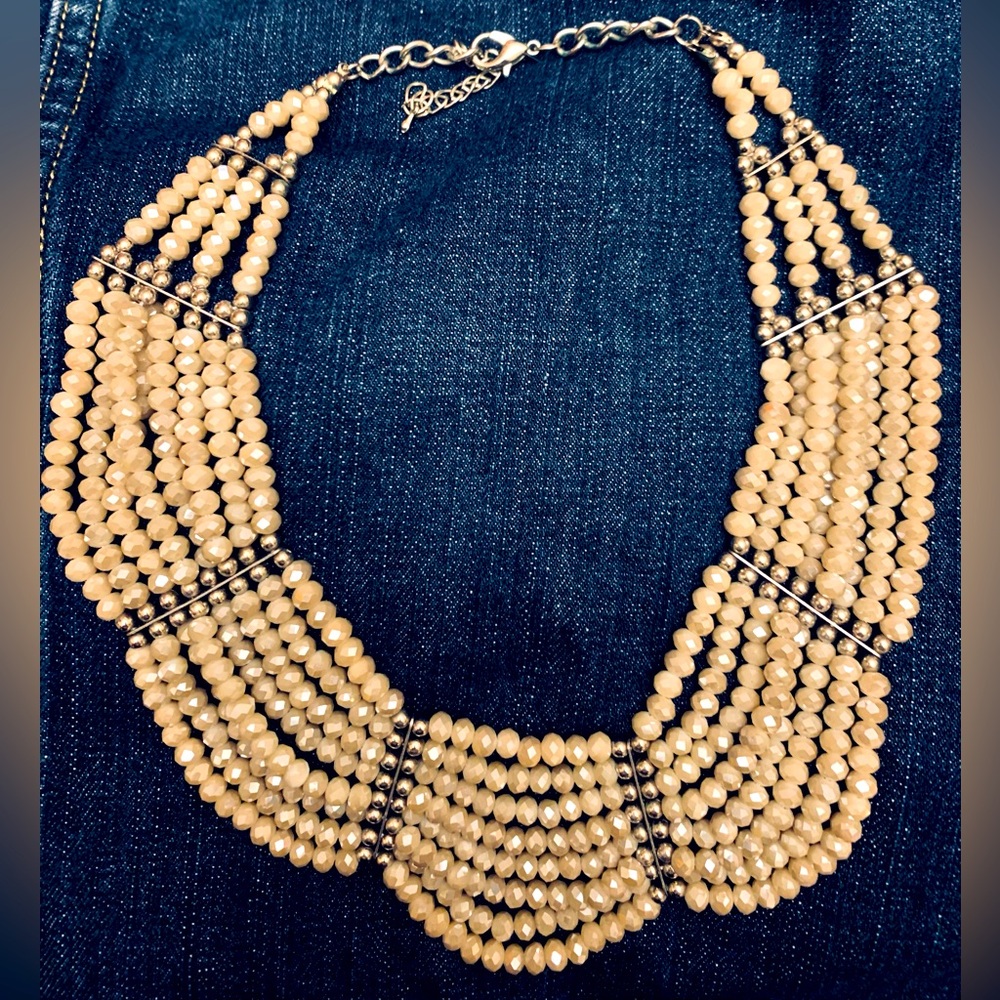 8 Strand Cream Faux Glass Pearl Bridal Diamante Choker Necklace in Gold Tone